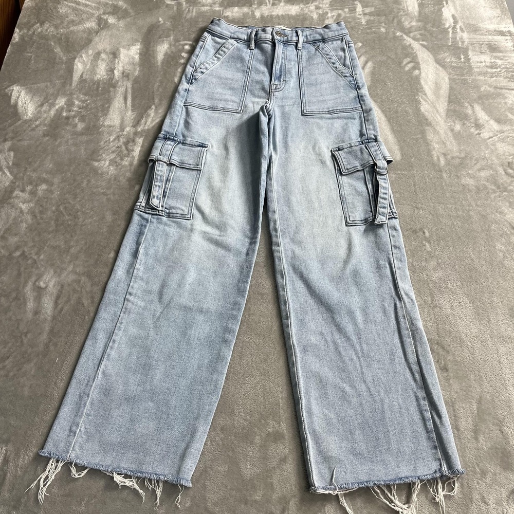 Hidden Jeans Womens 26 Light Wash Blue High Rise Wide Leg Cargo Raw Hem Stretch